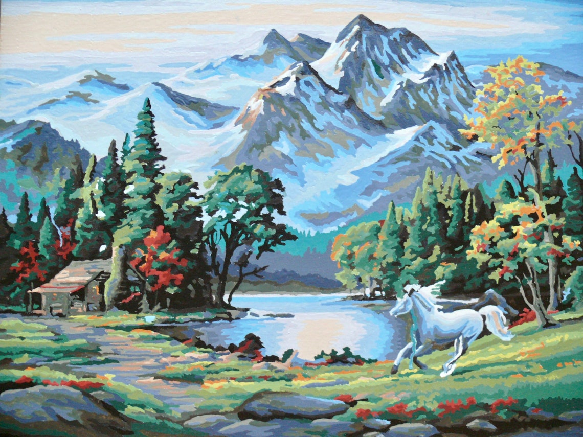 Paint by Number Mountain Cabin Landscape Oil Painting White - Etsy