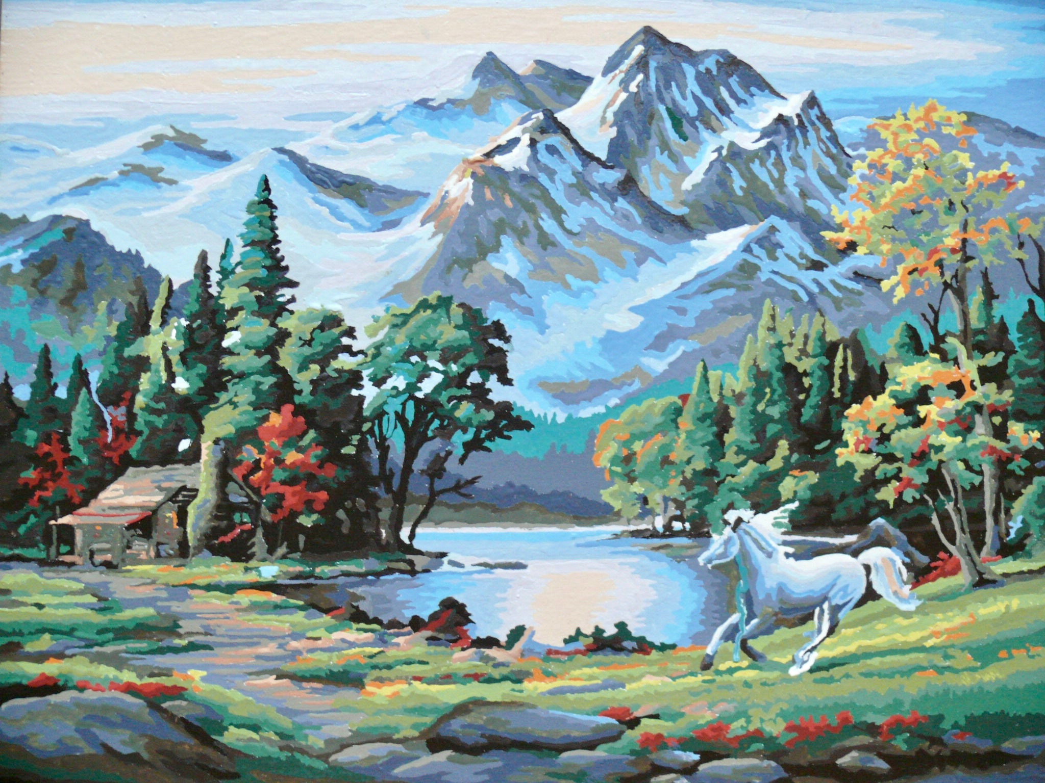 Paint by Number Mountain Cabin Landscape Oil Painting White Etsy