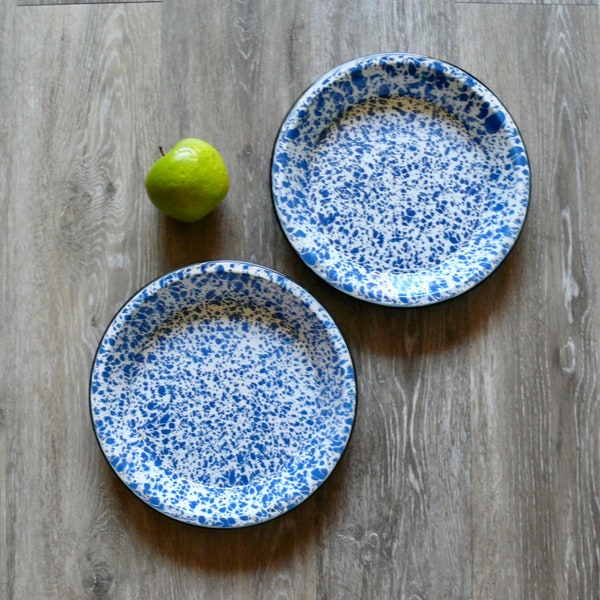 2 Blue Splatterware Enamel Pie Plates, Vintage 10" Blue on White Enamelware Platters, Outdoor Dining Serving, Farmhouse Kitchen Wall Decor