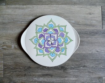 Mandala Grünstadt Keramik Cake Plate, Vintage Hand Painted German Ceramic Serving Tray