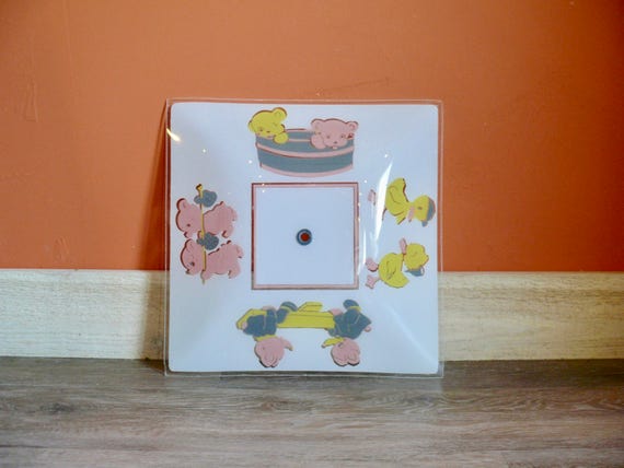 Retro Nursery Ceiling Light Fixture Square Curved Glass Light Shade With Yellow Ducks And Pink Bears Vintage Child S Room Lighting Decor
