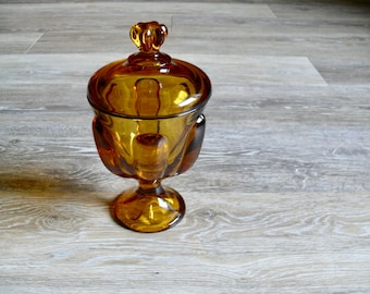 Viking Glass Epic Candy Dish with Lid, Vintage Amber Six Petal Glass Jar