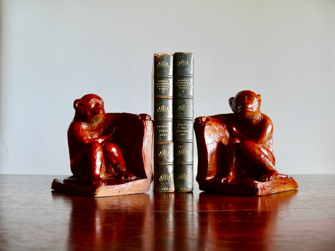 Vintage Book Sitting Monkey Bookends Victorian Style Red Etsy