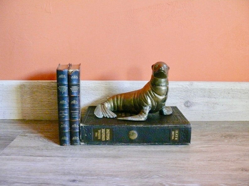 Large 8 Brass Sea Lion Figurine Statue Gift Paperweight Desk Decor Vintage Ocean Wildlife Shelf Display
