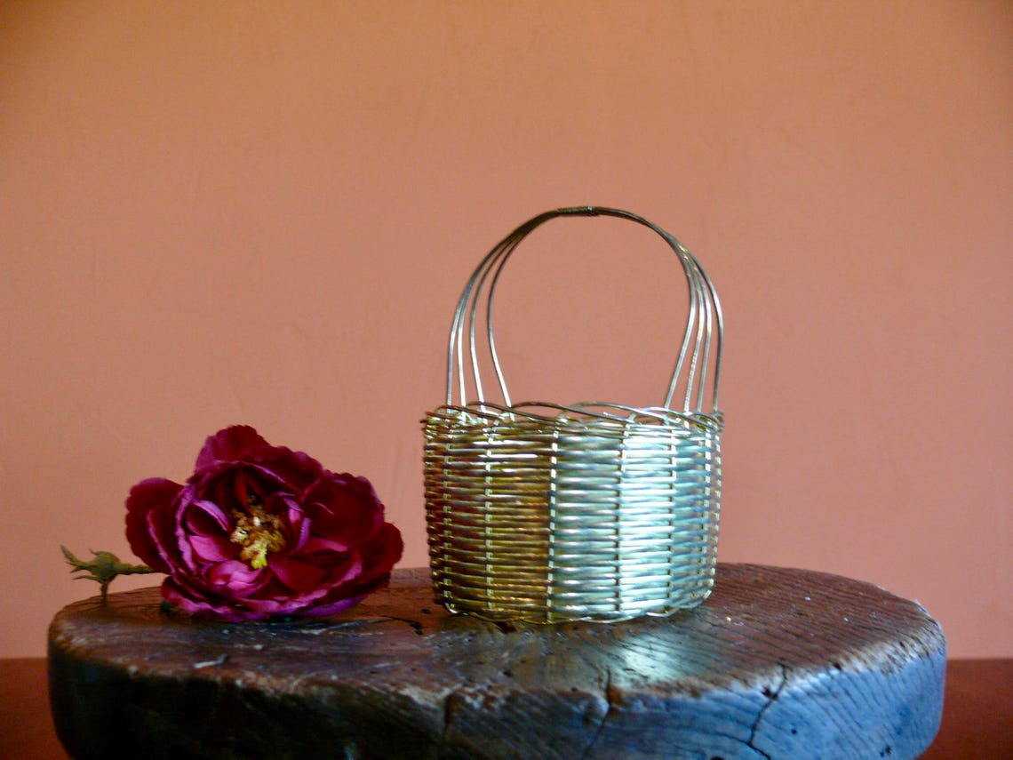 Woven Gold Wire Basket Petit Handmade Gold Toned Metal Basket Etsy