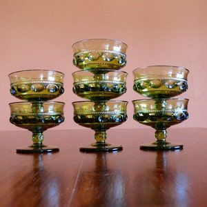 7 Green Kings Crown Thumbprint Sherbet Dessert Dishes, Tiffin Glass Company Olive Green, Country Farmhouse Tabletop, Mid Century Kitchen