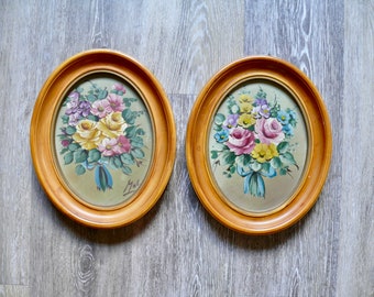 Vintage Rose Bouquet Oil Paintings, Floral Still Life Paintings, Oval Wood Frames