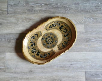 Vintage Hand Painted Wood Batea Tray, Black and Gold Floral Design, Mexican Folk Art