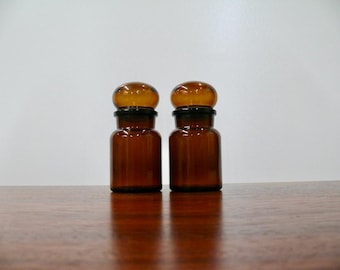 Vintage Amber Glass Apothecary Jars, Set of Two Belgian Bubble Lid Canisters