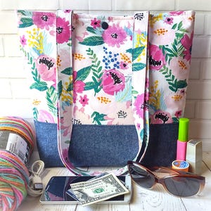 Shoulder Bag Knit Crochet Project Yarn Storage Travel Floral and Denim Handmade Tote Gift Set