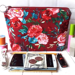 Makeup Bag Knitting Crochet Project Notions Storage Pouch Pencil Case Money Cards Phone Purse Travel Pioneer Woman Roses Handmade Gift