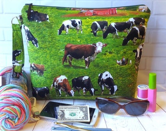 Handmade Zipper Bag Knit Crochet Project Makeup Travel Notions Storage Tote Wrist Keychain Scenic Farm Cows Chickens Gift