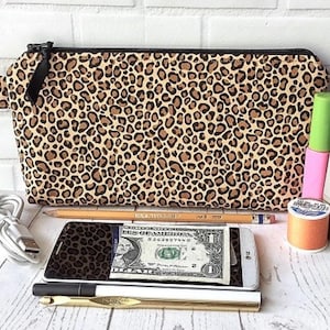 Pencil Case Makeup Bag Purse Pouch Knitting Crochet Project Notions Storage Money Phone Travel Leopard Print Handmade Gift