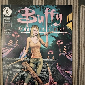Puede incluir: Cómic de Buffy la Cazavampiros, número 27, con una mujer sosteniendo una estaca, rodeada de criaturas oscuras. La portada tiene un tema gótico oscuro con el título en letras rosas. De Dark Horse Comics.