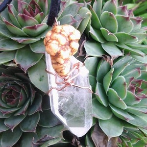 copper wrap with clear quartz and howlite//pendant image 1