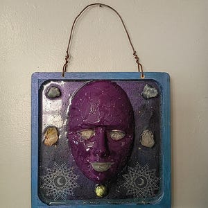 Chaos goddess plaque with fluorite|citrine|quartz|labradorite|accents| plaster face|sculpture|wall art