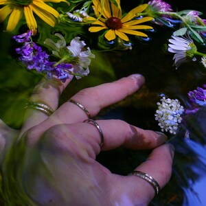 Peut inclure: Une main portant plusieurs bagues argent&eacute;es plonge dans un cours d'eau. Des fleurs aux nuances de violet, de blanc et de jaune flottent &agrave; la surface de l'eau.