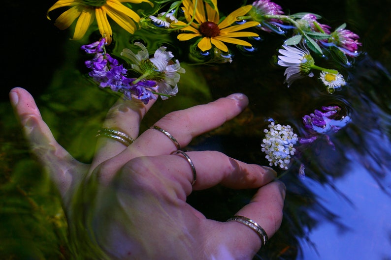 Peut inclure: Une main portant plusieurs bagues argent&eacute;es plonge dans un cours d'eau. Des fleurs aux nuances de violet, de blanc et de jaune flottent &agrave; la surface de l'eau.