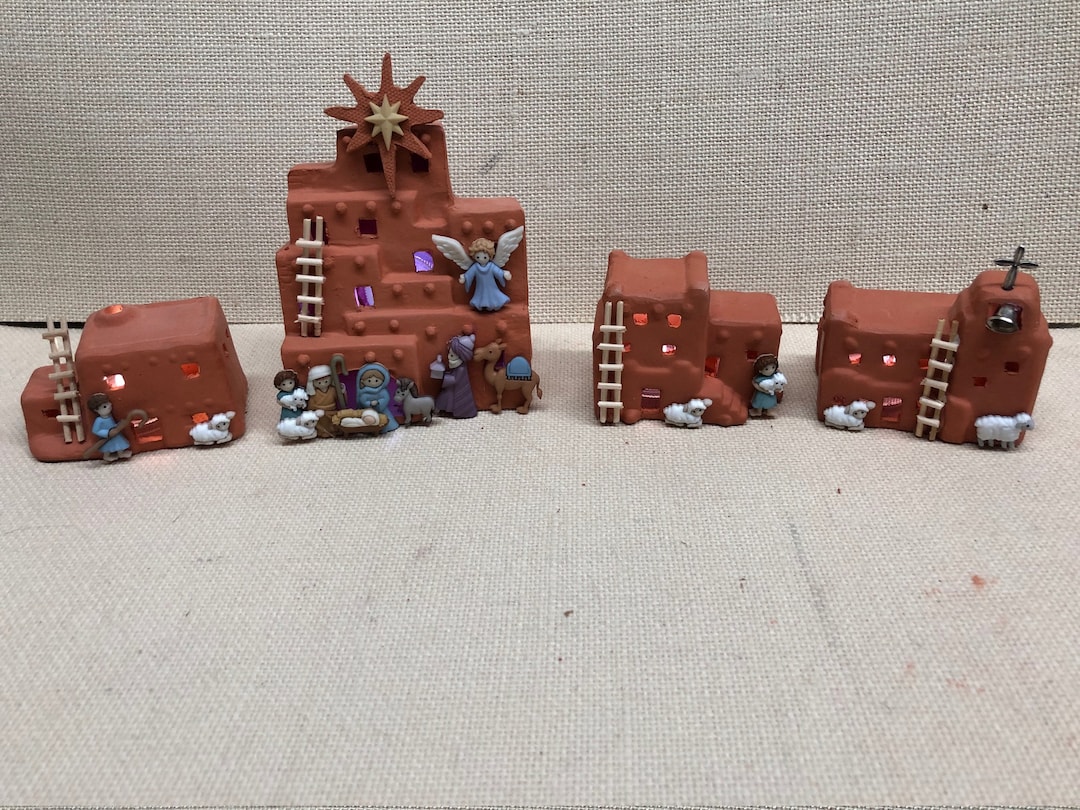 Bethlehem Nativity Village 4 Peice Set Wcolor Changing and White