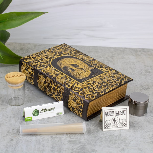 Skull Book Box -  Smell Proof Jar, Heavy Duty Sharp Shredder, Rolling Papers, and Accessories Bundle