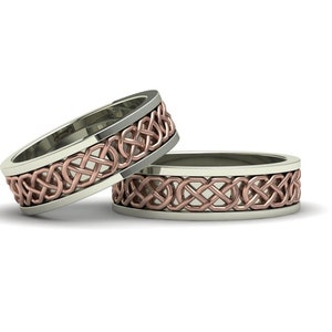 Celtic rings, 18k white and rose gold. Rings for couples, for wedding, anniversary or commitment. Free shipping.