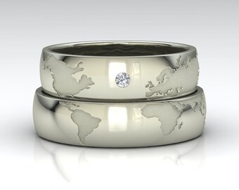 WORLD GLOBE RING | World Map Couple Matching Ring | Gift For Travelers | Custom Engraved World Map Ring | 18k White Gold Diamond Ring Band