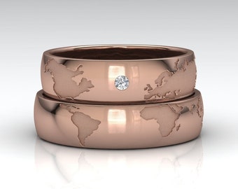 Bagues de mariage de carte du monde en or rose, bagues d’amoureux de voyage en or 18 carats, 14 carats ou 9 carats, alliances de destination, bagues de fiançailles globe uniques