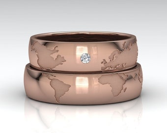 Rose Gold World Map Wedding Rings, 18k Gold Travel Lover Rings, Destination Wedding Bands, Unique Globe Engagement Rings