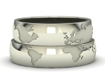 Bagues carte du monde en or blanc 18 carats, 14 carats ou 9 carats. Bagues pour mariages, anniversaires, fiançailles ou cadeaux. Livraison gratuite.