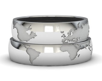 Bagues de carte du monde en argent. Pour mariage, anniversaire ou cadeau. Livraison gratuite