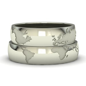 Bagues carte du monde en or blanc 18 carats, 14 carats ou 9 carats. Bagues pour mariage, anniversaire, fiançailles ou cadeau. Livraison gratuite.