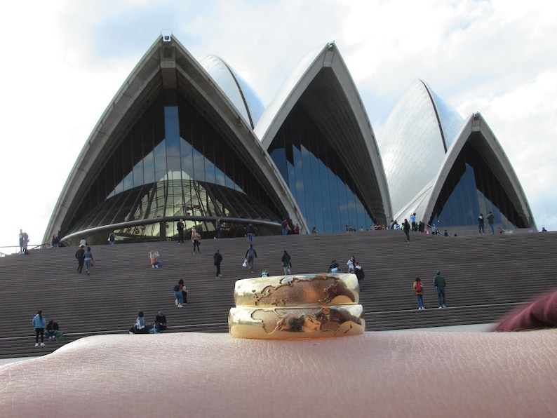 Peut inclure: Deux bagues en or avec un motif de carte du monde, port&eacute;es sur un doigt devant l'Op&eacute;ra de Sydney.