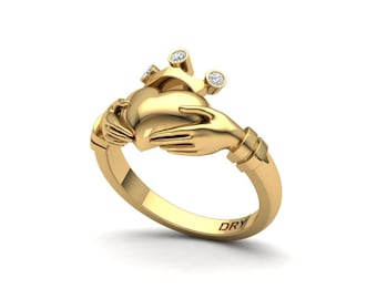 Claddagh-Ring aus 14-karätigem oder 18-karätigem Gelbgold. Geschenkring, Verlobungsring, Jubiläum oder Hochzeit. Kostenloser Versand.