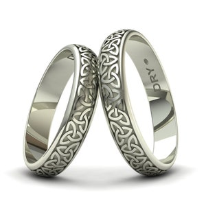 White Gold Celtic Triquetra Wedding Ring Set | Celtic Knot Couple Bands for Weddings, Anniversaries & Gifts | Free Shipping