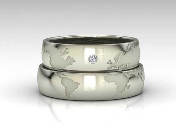 14k Gold Wedding Bands Set With World Map. Travelers Wedding 