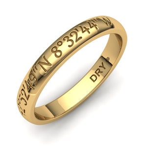 May include: A gold band ring with the coordinates "32°49'N 8°32'44"W" engraved on the outside and "DRY" engraved on the inside.