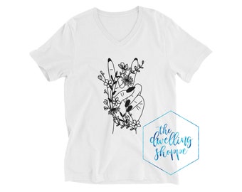 Floral Peace Sign: Adult V-Neck (white)