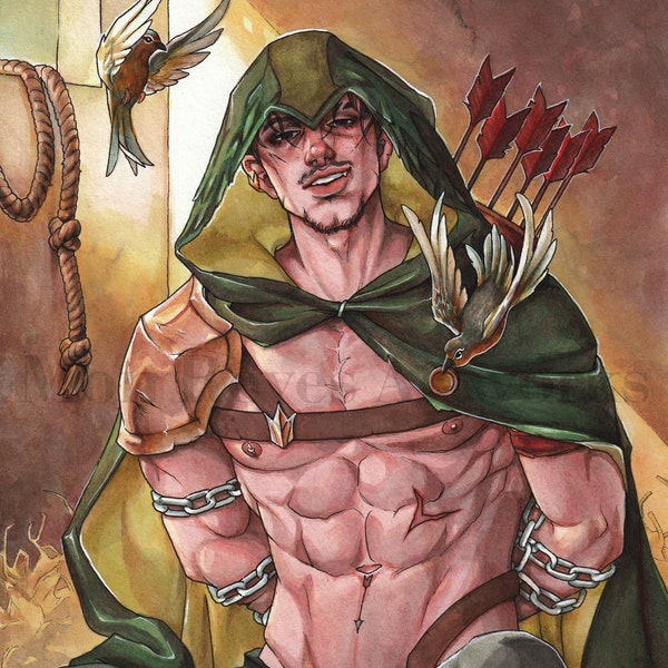 Robin Hood wall art- Male Fantasy art Dark fairytale art print/ original art- Robin Hood Adult Version Character Design