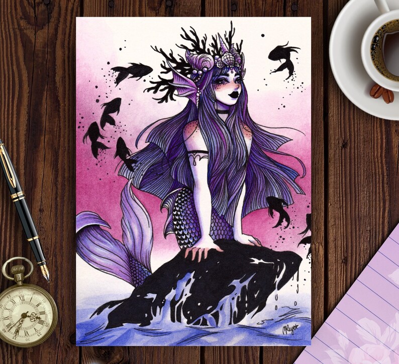Purple mermaid wall art Gothic Siren art Watercolor mermaid Etsy