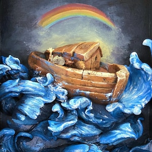 Noah&#39;s Ark handmade clay sculpture, Christian home decor Noah&#39;s Ark painting pyrograph wood cover/frame handpainted Original art collectible