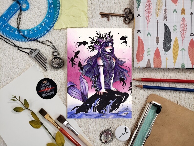 Purple mermaid wall art Gothic Siren art Watercolor mermaid Etsy