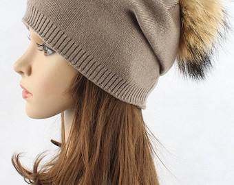 EMMEZ Raccoon Fur PomPom Cashmere Beanie