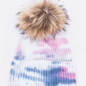 EMMEZ Pastel Color Tie Dye Soft Fur Pom Beanie
