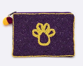 Petite pochette perlée violet jaune empreinte de patte