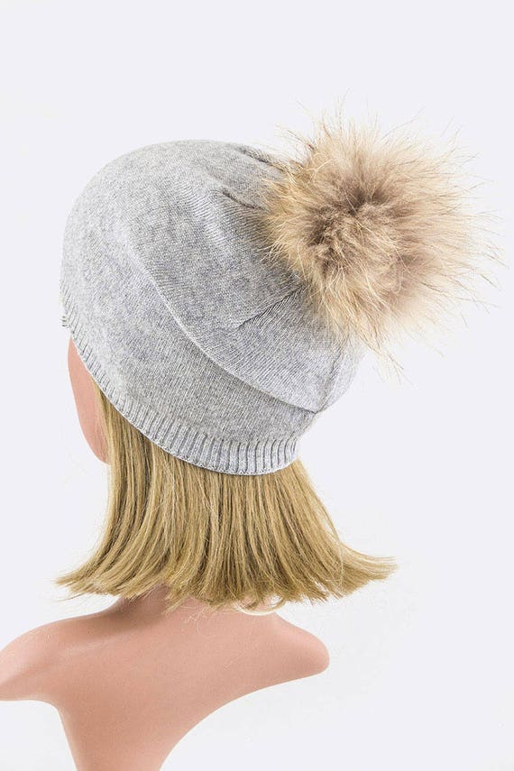 EMMEZ Raccoon Fur Pompom Cashmere Beanie - Etsy