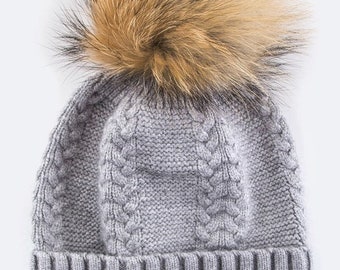 EMMEZ Raccoon Fur Pom Cashmere Beanie