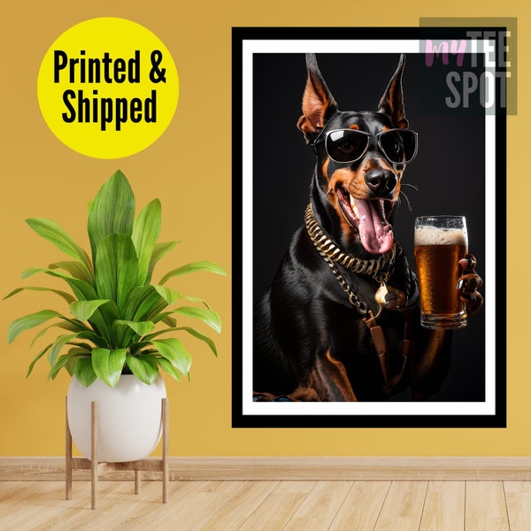 Poster d'art mural chien doberman, oeuvre d'art animal drôle, imprimé, envoyé par la poste, expédié, peinture Doberman Pinscher