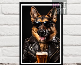 Cute German Shepherd Dog Poster Wall Art Decor, Animal Drinking Beer, Bar Area Decor, Digital Download Print Gift, German Shepherd Mom Owner