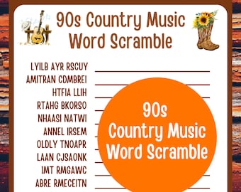 90s Country Music Word Scramble Game | Printable Artist Trivia, Retro Country Music Quiz, Instant Download, Fun 90s Party Game PDF