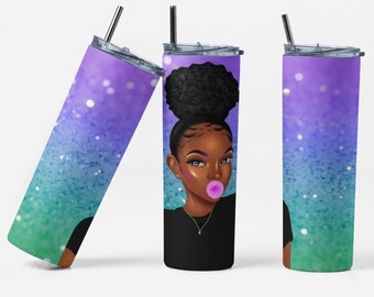 Natural Hair, Afro Puff Black Girl Magic Tumbler Wrap, PNG Design Sublimation Template, Cool Tumbler Wraps